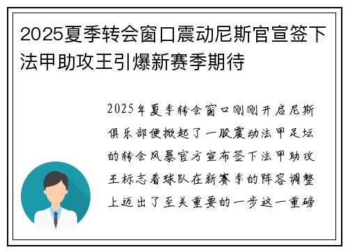 2025夏季转会窗口震动尼斯官宣签下法甲助攻王引爆新赛季期待